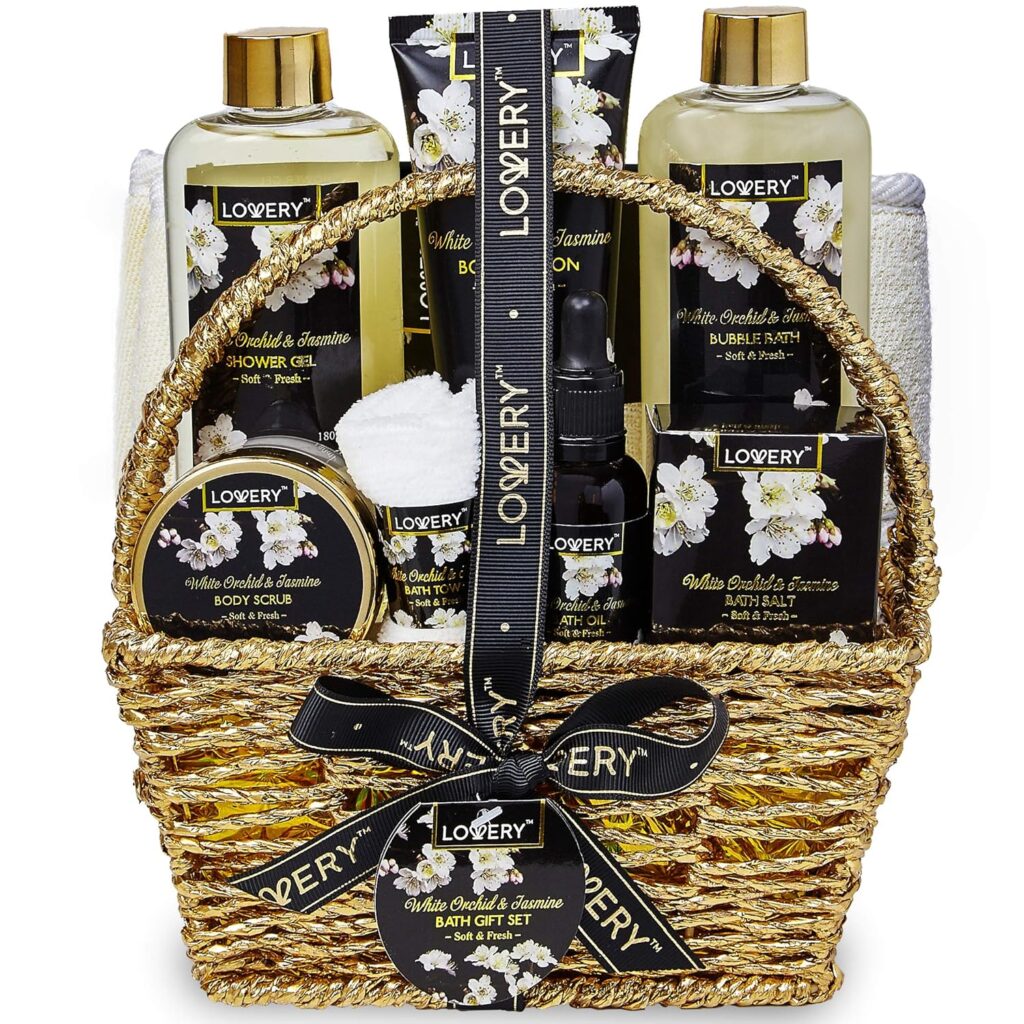 Bath and Body Gift Basket for Women – Orchid & Jasmine Home Spa Set with Body Scrubs, Lotions, Oils, Gels and More - Care Package for Women & Men - 9 Piece Womens Gifts Set