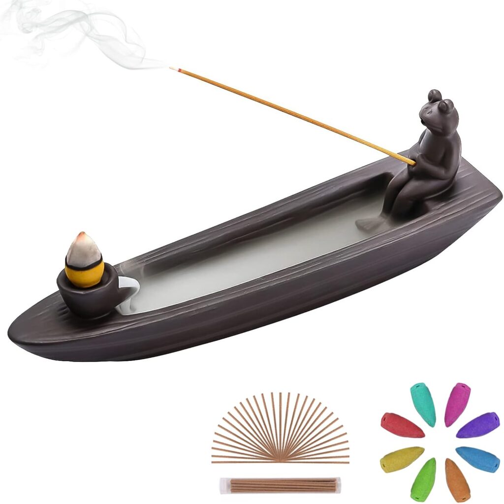 ChangWanna Frog Incense Holder Waterfall - Ceramic Cone Backflow Incense Burner Smoke Fountain, Back Flowing Incense Diffuser with 45 Sticks & 12 Cones, Frog Ornament for Aromatherapy