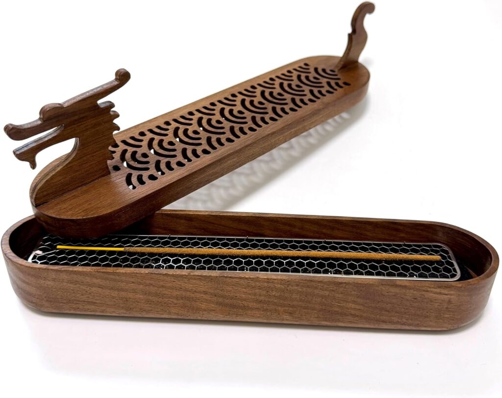 Dragon Incense Sticks Holder Burner,Boat Incense Holder Box,Wooden Incense Holder for Sticks,Blood Incense Ash Catcher,Cool Meditation Room Decor