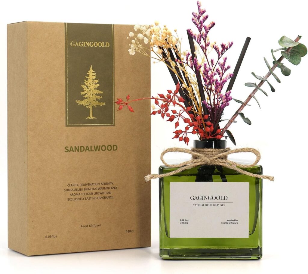 Earthy Sandalwood Scent Diffuser with Sticks & Dried Flowers, 120 Days Long Lasting diffusers for Home, Elegant Fragrance for Bathroom Bedroom Office Decor Air Fresh