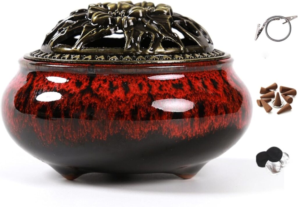Incense Burner with Calabash Incense Stick Holder - Porcelain Charcoal Censer for Use with Resin Granular Powder Cone or Coil Incense
