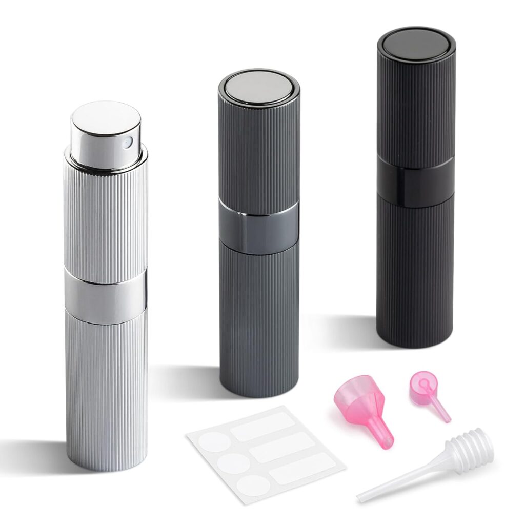 LISAPACK Perfume Travel Refillable Bottle - Atomizer Cologne Spray for Men Portable - Mini Sprayer Empty for Refill - Small Size 8ML Striped (Grey, Black, Silver)