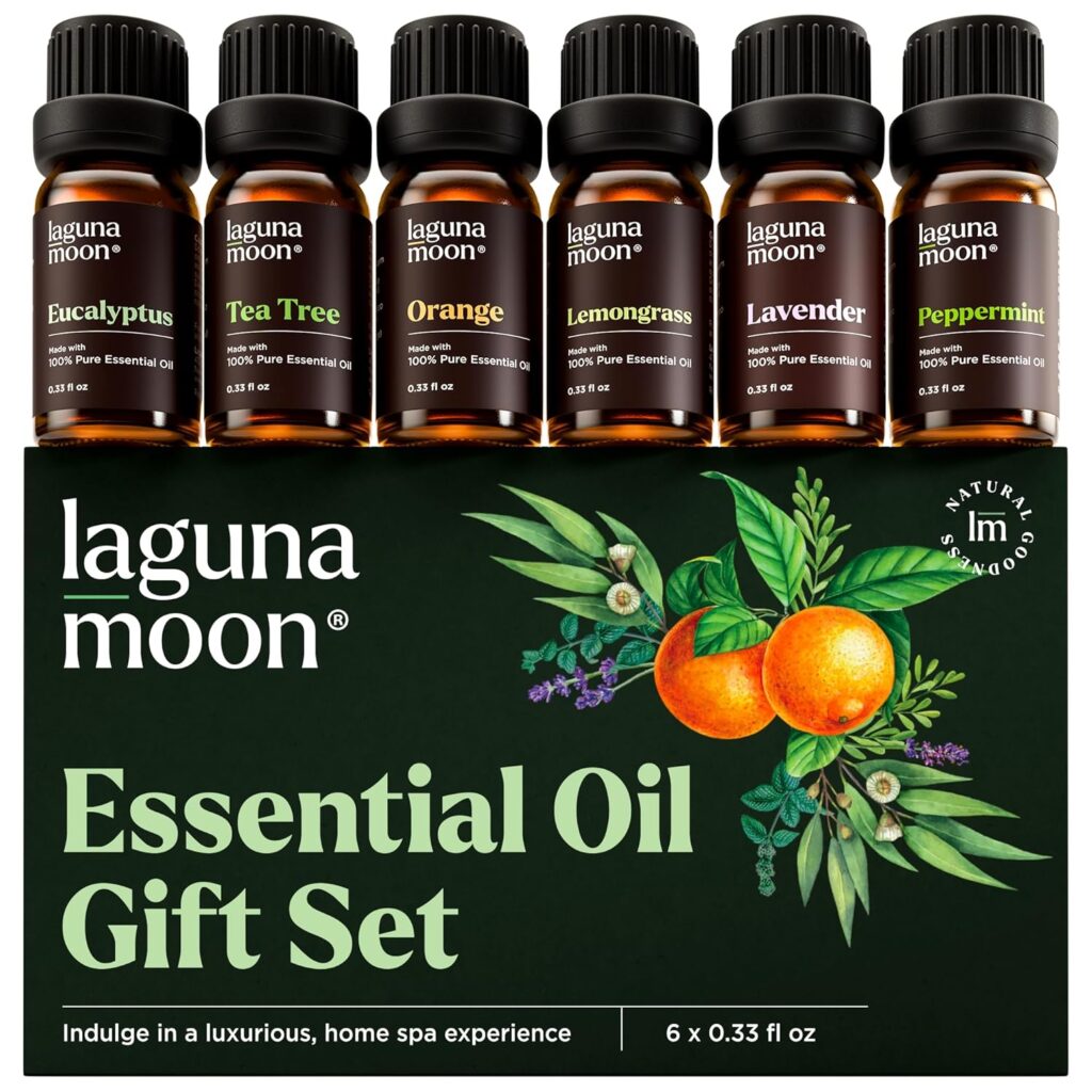 Lagunamoon Essential Oils Aromatherapy Set - 6 Oils for Diffusers, Home Care, Candle Making Scents, Fragrance, Humidifiers, Gifts - Peppermint, Tea Tree, Lavender, Eucalyptus, Orange