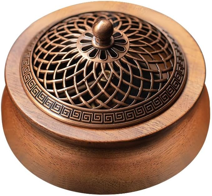 Round Wooden Incense Burner & Holder - 4" Handcrafted Natural Wood Censer with Alloy Lid, Heat-Resistant Tray for Sticks, Cones, Sage, Frankincense