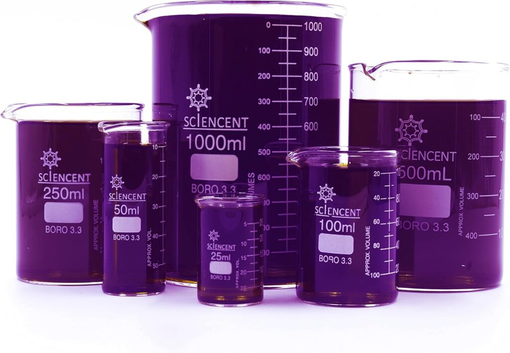 SCIENCENT Glass Beaker Set of 6 Borosilicate Thick Wall - 25ml, 50ml, 100ml, 250ml, 500ml, 1000ml