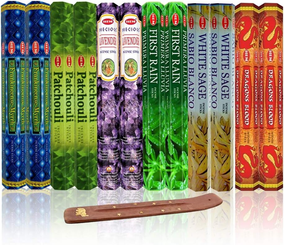 Six Most Popular HEM Incense Scents With Free Burner - 40 Sticks Each of Dragon's Blood, Frankincense & Myrrh, Patchouli, Precious Lavender, First Rain, and White Sage 240 TOTAL STICKS
