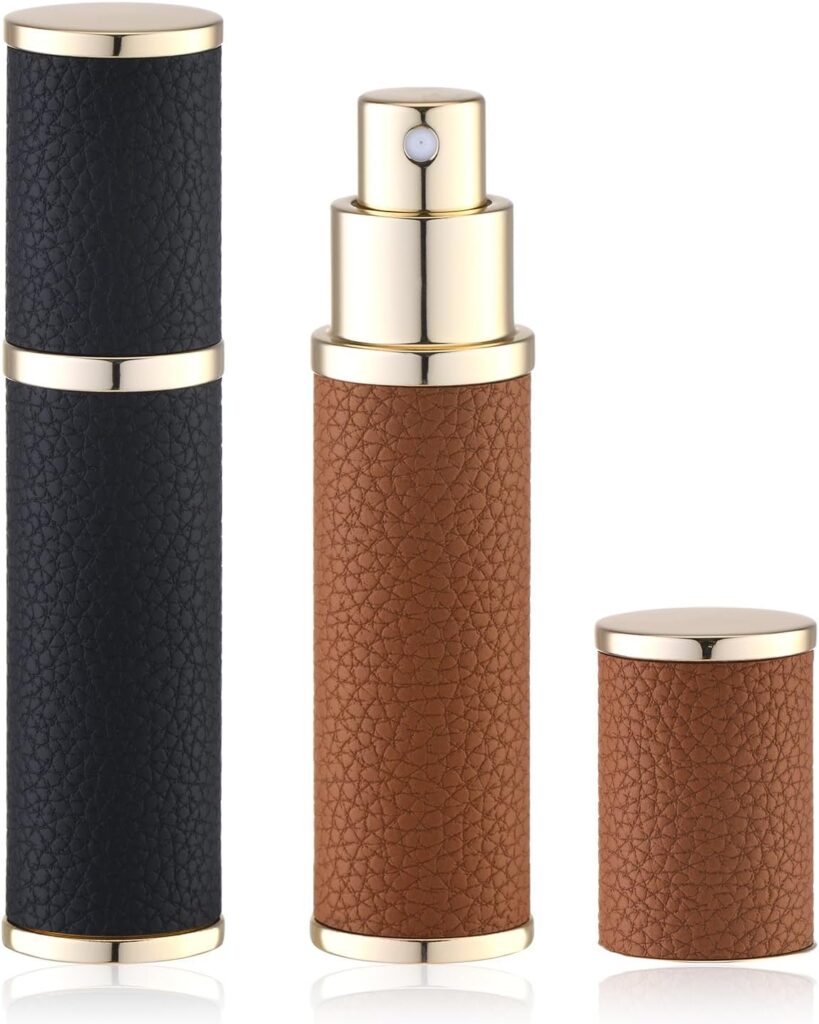 Travel Perfume Bottle Refillable - Mini Portable Cologne Atomizer Sprayer - Empty Travel Size Fragrance Pump Dispenser Container for Man - 10ml Black Brown 2PCS Small Leather Refill Sample